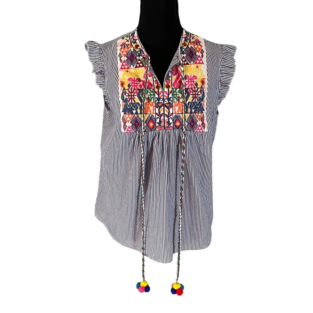Blue White Striped Embroidered Boho Tassel Blouse Top Medium Colorful‎ Festival